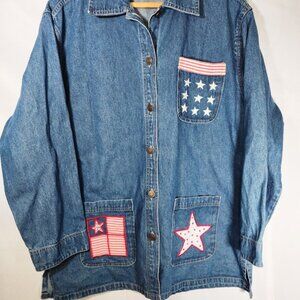 Michelle Louise Blue Denim Duster Button Front Shirt Size Large Stars/Flags
